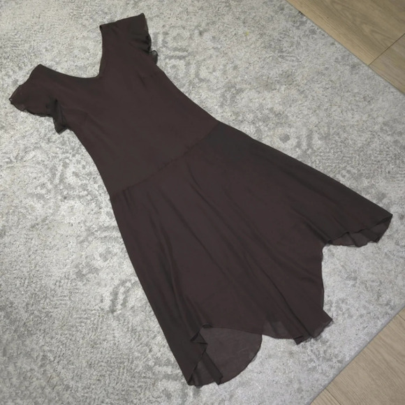 EN FOCUS Chocolate Brown Chiffon Y2k Midi Dress, Handkerchief Hem, Lined, 14 - Picture 8 of 14